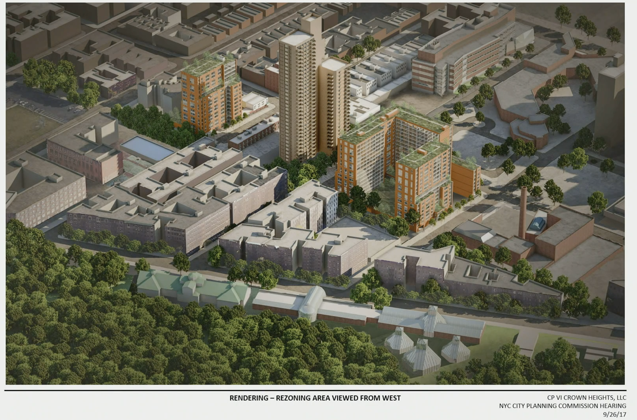 Renderings used in a presentation for Franklin Avenue Rezoning on 09/26/2018. The Lincoln/Continuum site of the old Spice Factory is to the bottom right with the tall chimney stack.