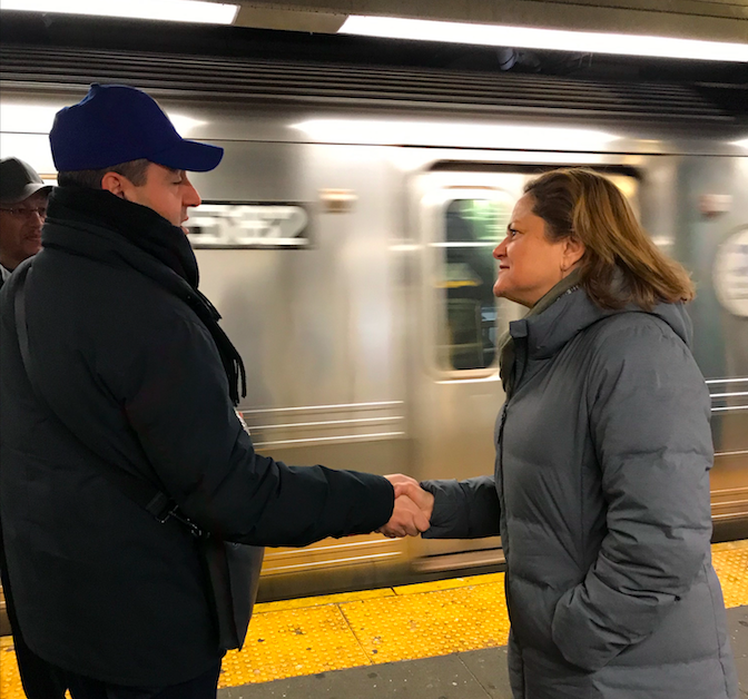 Public Advocate Candidate Melissa Mark Viverito on the Q train platform at the Newkirk Avenue station in Flatbush (Photo credit: Perri Litton)