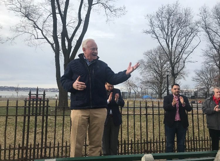 Marty Golden addressing a crowd of protesters rallying against the Reproductive Health Act outside of the Ft. Hamilton High School in Bay Ridge. 