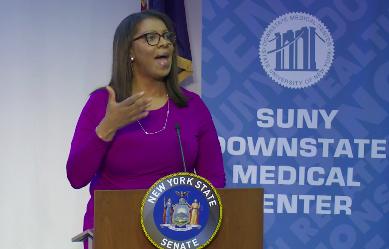 New York State Attorney General Letitia James at State Sen. Zellnor Myrie's in-district inaugural ceremony. (Screenshot: Myrie's live Twitter stream)