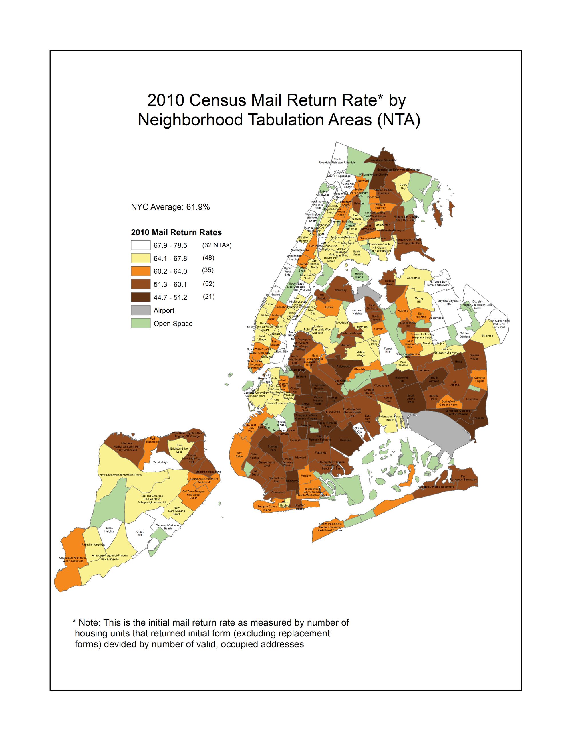 Mail return rate for neighborhoods throughout NYC, according to the 2010 census. (Map: Newmark J-School at CUNY)