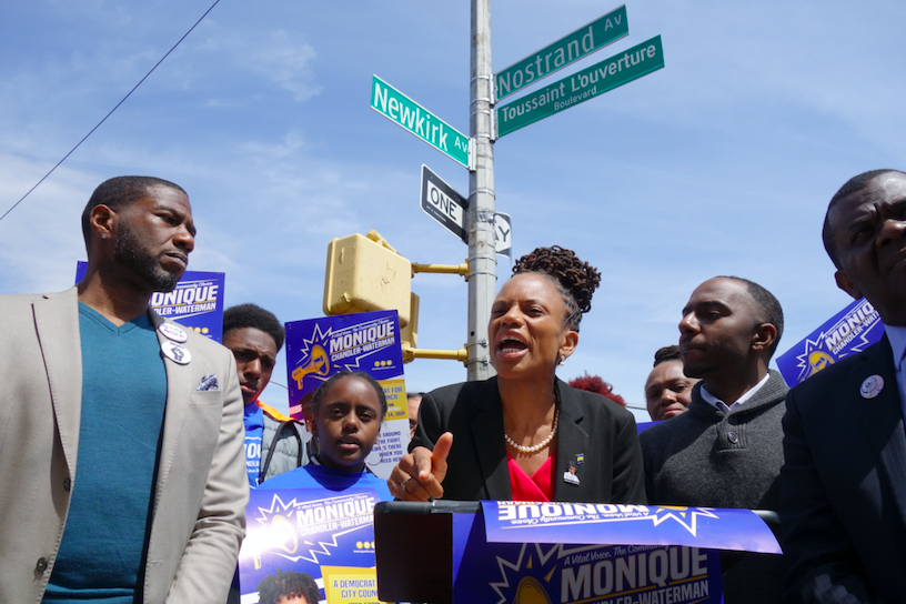 Monique Chandler-Waterman flanked by her children and Public Advocate Jumaane Williams as in-district lawmakers endorse her candidacy for the 45th council seat. (Photo: Kadia Goba/Bklyner)