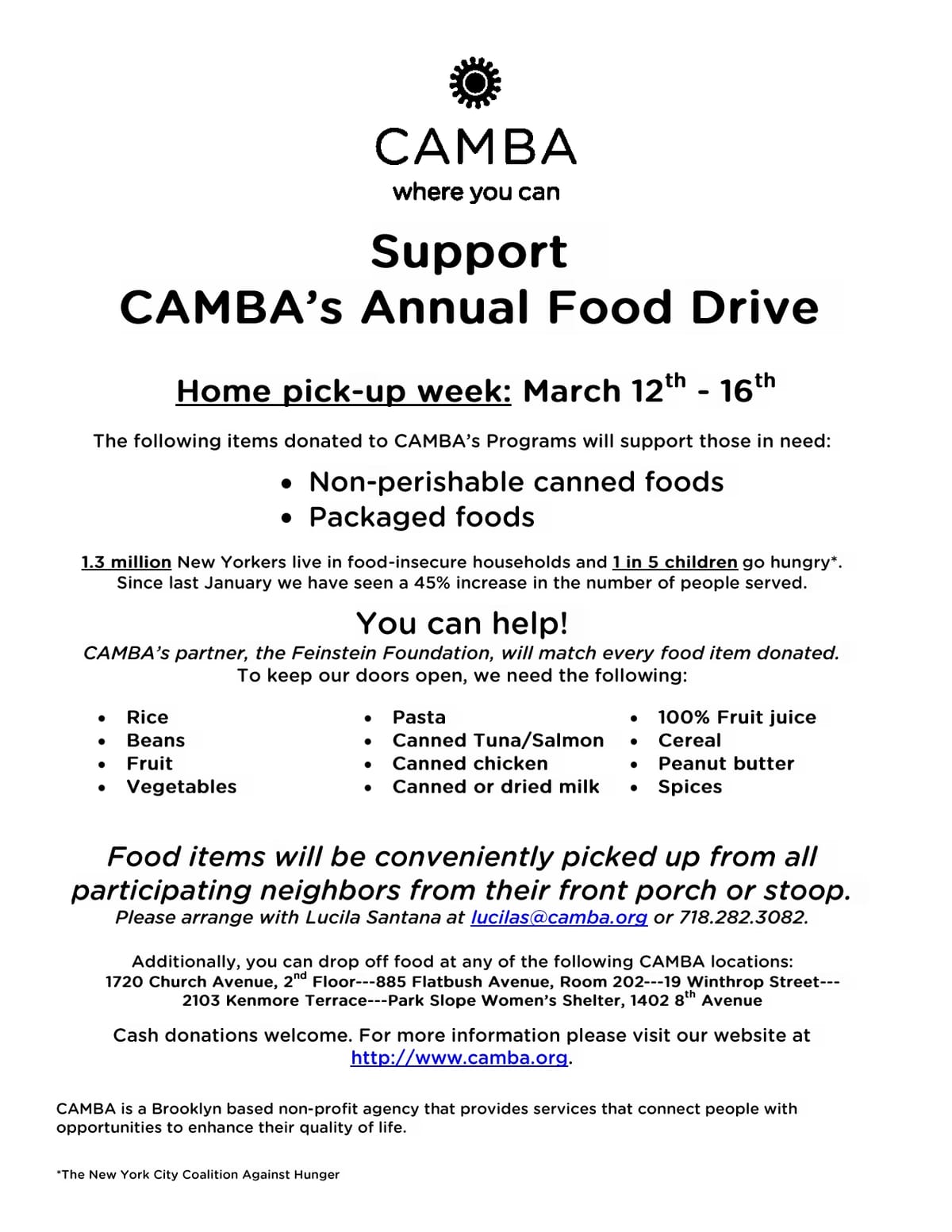 Home Pick-Up Available for CAMBA Spring Food Drive
