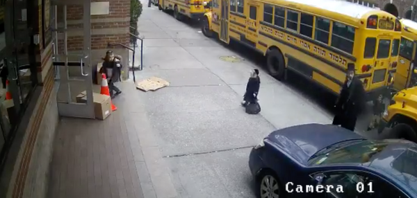 Car Drives On Sidewalk To Avoid Waiting For School Buses