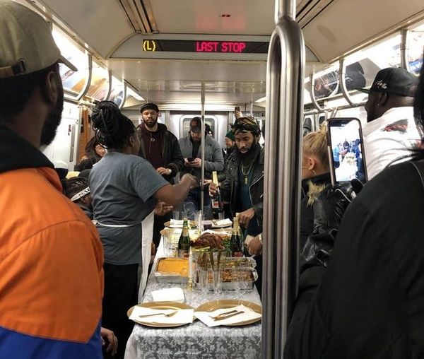 A Surprise Thanksgiving Dinner Took Over The L-Train Sunday Night
