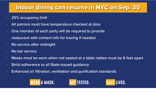 Indoor Dining Returns at 25% on September 30th, Heavy Restrictions