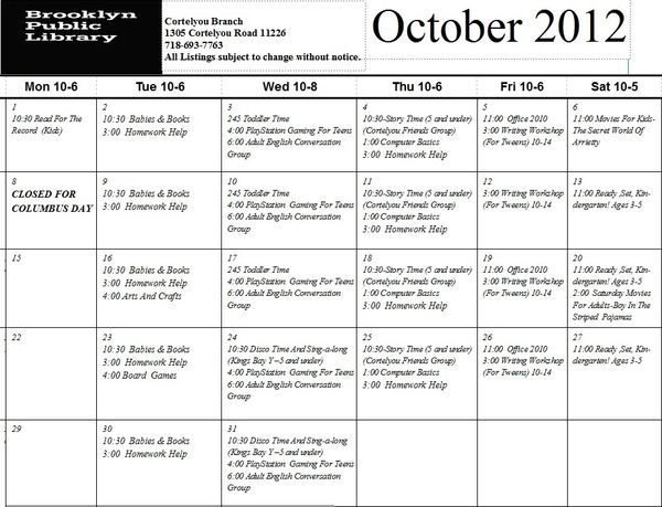 Cortelyou Library’s October Event Calendar