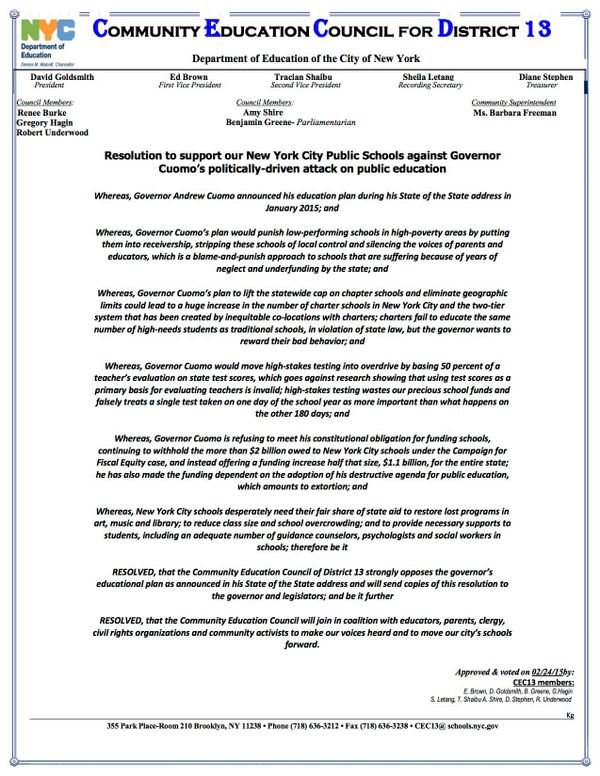 CEC 13 Passes Resolution In Support Of City Public Schools Against Cuomo’s Education Plan