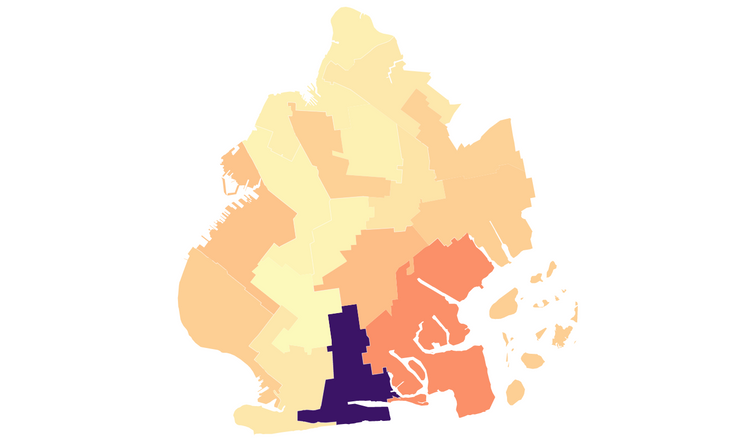 A map of Brooklyn detailing the amount of constituent service cases in each districts.