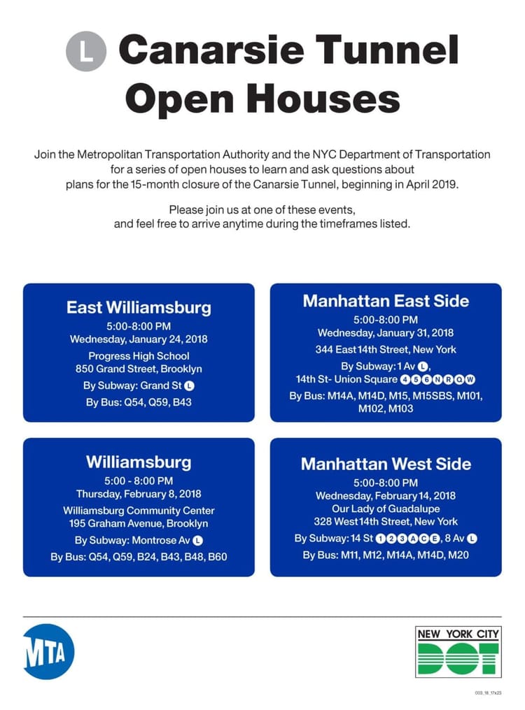 MTA and DOT Announce Open House Meetings Regarding L Train Closure