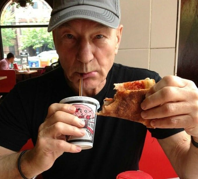 Patrick Stewart Perfects His “NY Fold” At Smiling Pizza