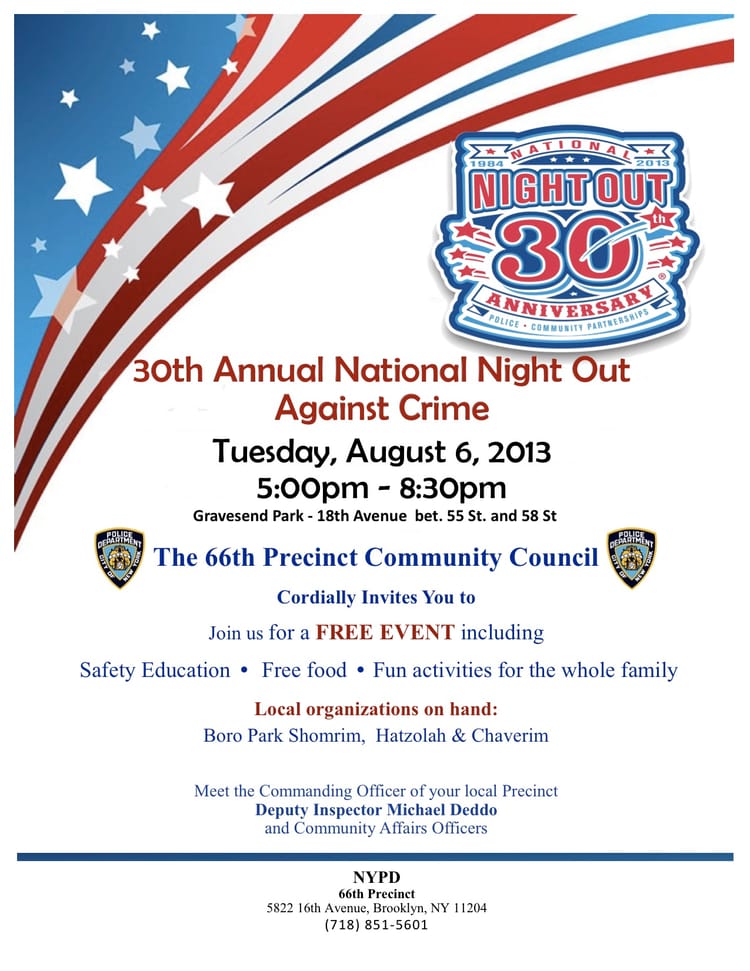 Join The 66th Precinct To Celebrate The National Night Out Against Crime At Gravesend Park