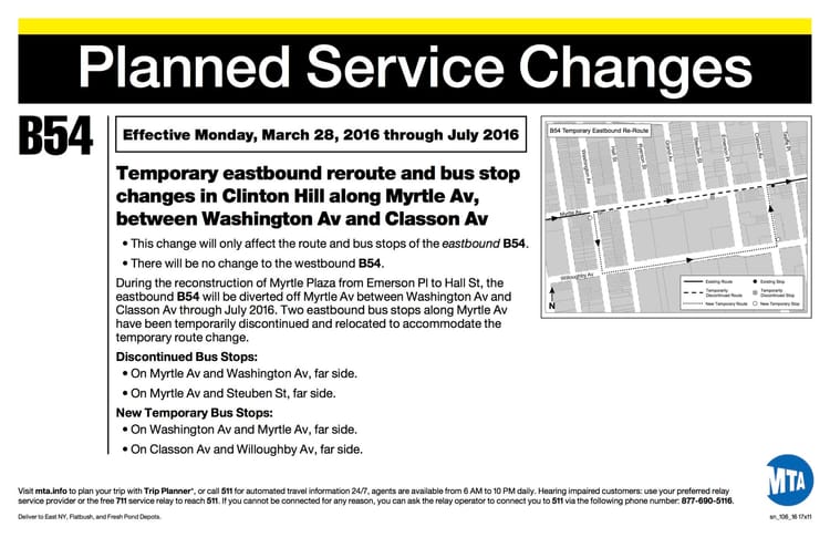 Myrtle Avenue East-bound Street Closure Will Reroute Traffic Between Washington And Classon Avenues