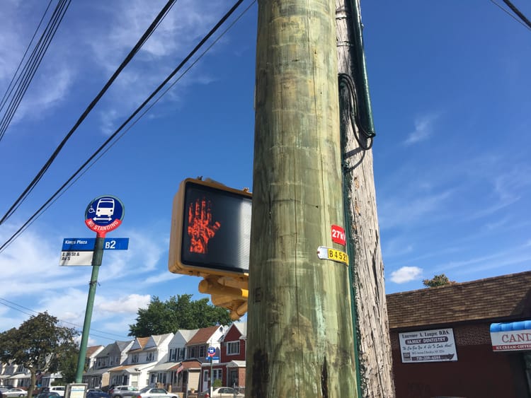 Utility Poles Completely Block Pedestrian Crosswalk Signals In Marine Park