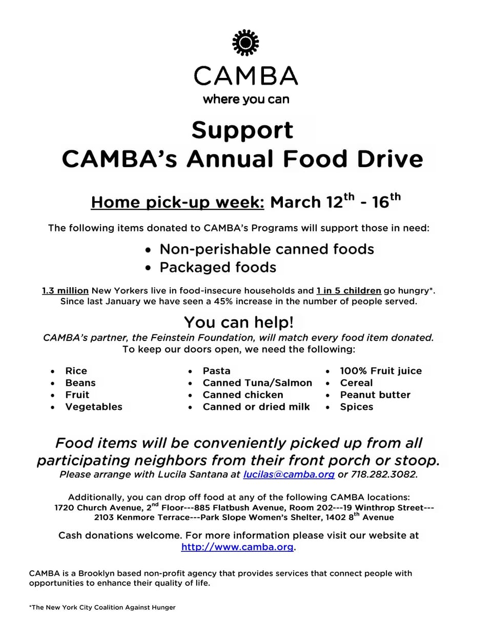 Home Pick-Up Available for CAMBA Spring Food Drive