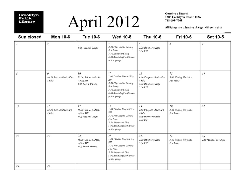 April Events at the Cortelyou Library