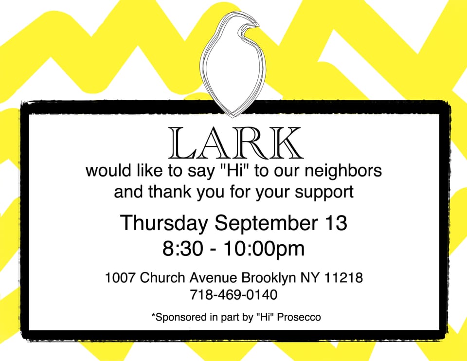 Grand Opening Party at Lark Next Thursday