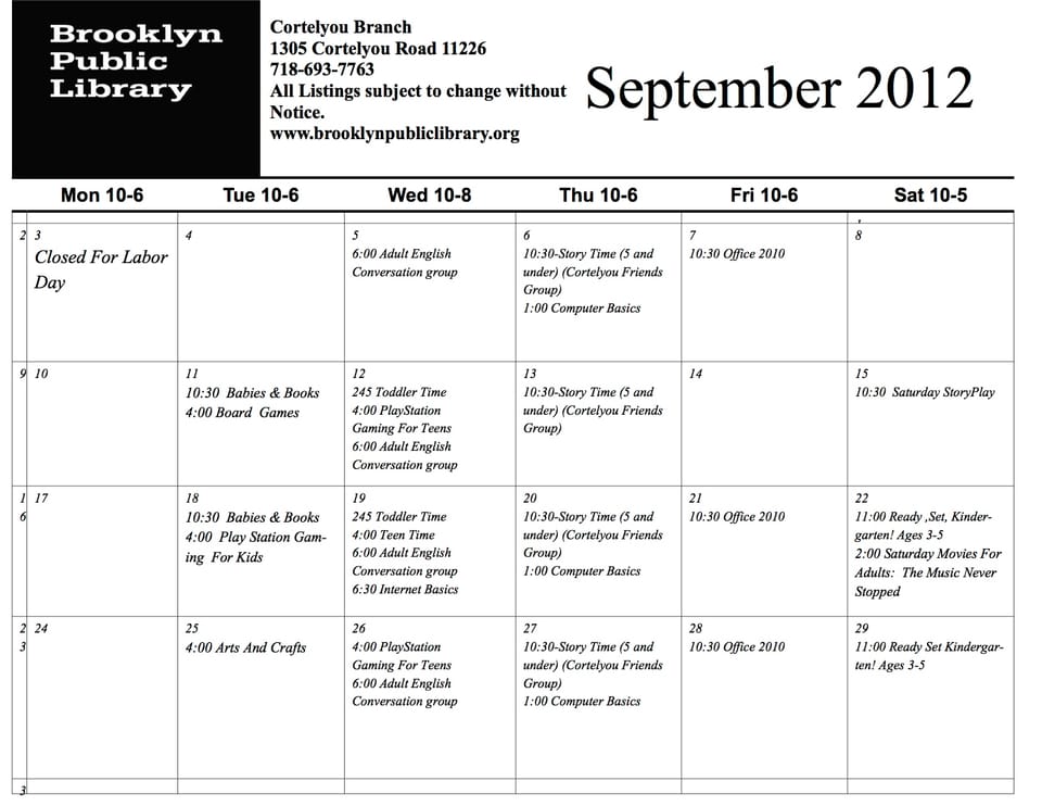 September Events at the Cortelyou Library