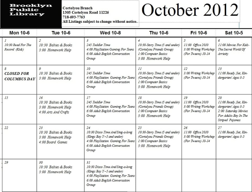 Cortelyou Library’s October Event Calendar