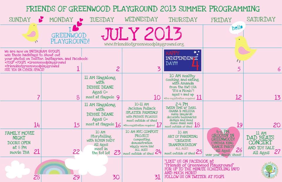 July Calendar Of Events At Greenwood Playground