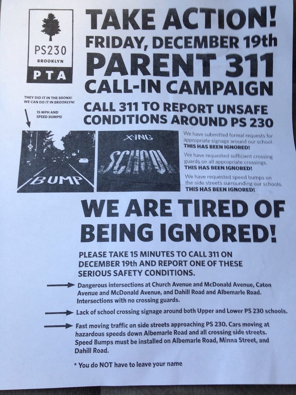 Report Unsafe Conditions Around PS 230 This Friday, December 19