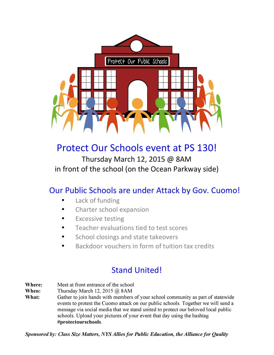 Parents, Teachers & Others To Protest Governor Cuomo’s Proposed Education Reforms Tomorrow, March 12, Outside PS 130