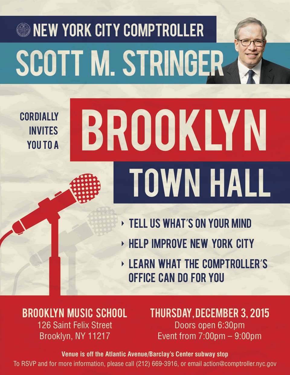 Reminder: Tonight At 7PM Is Comptroller Stringer’s Brooklyn Town Hall At Brooklyn Music School