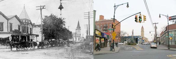 Sheepshead Bay Rd. and Jerome Avenue in the early 20th Century and Now (St. Marks in the background) [Courtesy of Forgotten NY]