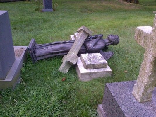 Damaged monuments at Green-Wood cemetery