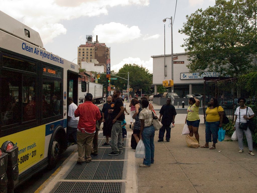 The B25, B38 and B52 bus stop at the corner of Fort Greene Place and Lafayette Avenue. (Photo by Mitchell Trinka)