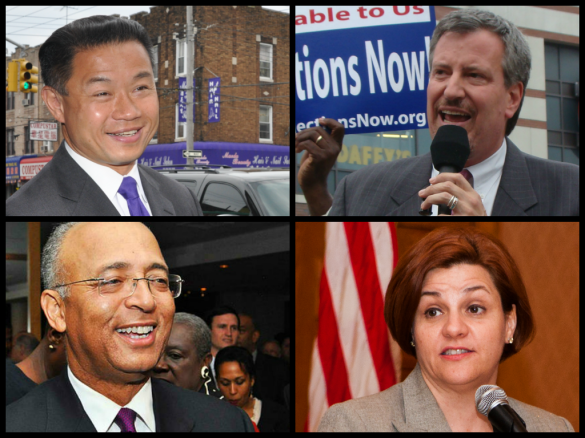 Clockwise, from left, City Comptroller John Liu, Public Advocate Bill de Blasion, former City Comptroller Bill Thompson, and City Council Speaker Christine Quinn. Photos courtesy of Bill Thompson for Mayor, Bill de Blasio (Flickr) and Erica Sherman