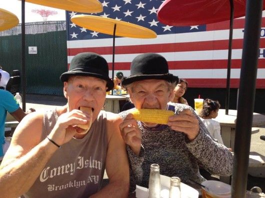 Professor X (Patrick Stewart) and Magneto (Ian McKellen) putting aside their mutant differences to enjoy lunch at Nathan's (Source: Twitter).