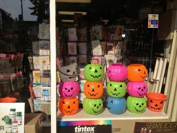 Plastic Halloween Pumpkins in Window of Prospect Garden Pharmacy