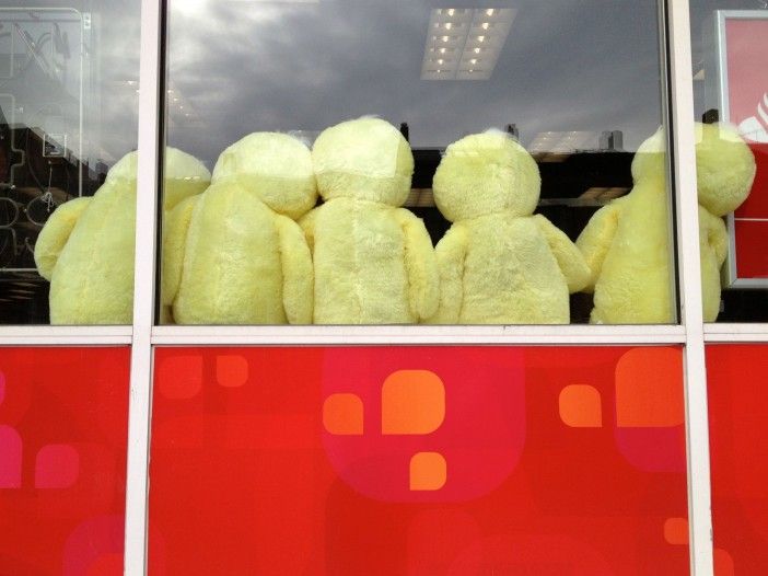 stuffed animal chicks in a window