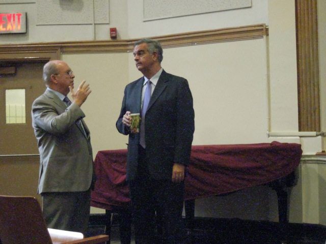 Assemblyman James Brennan, left, speaks with Charles O'Shea, of the state DOT.