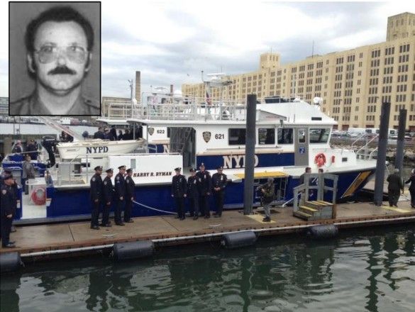 Family, friends and police brass pose with the new vessel named for Harry Ryman; inset: Ryman (Source: NYPD)