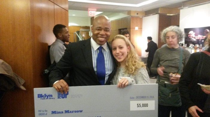 Mina Marsow with Borough President Eric Adams at the Brooklyn Public Library's PowerUP! awards night last week.