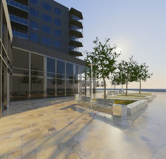 Preliminary rendering of the proposed plaza at 1801 Emmons Avenue. (Source: Sergey Rybak)