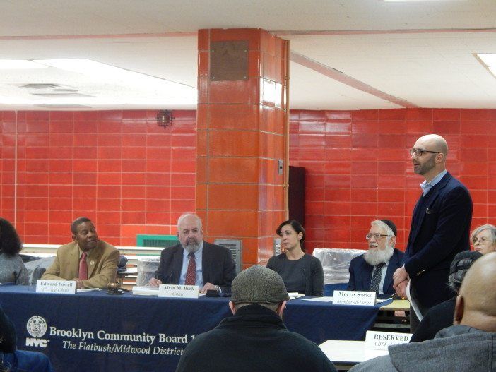 Jason Sandoval, of the Kings Theatre, speaks during the CB 14 meeting Monday night.