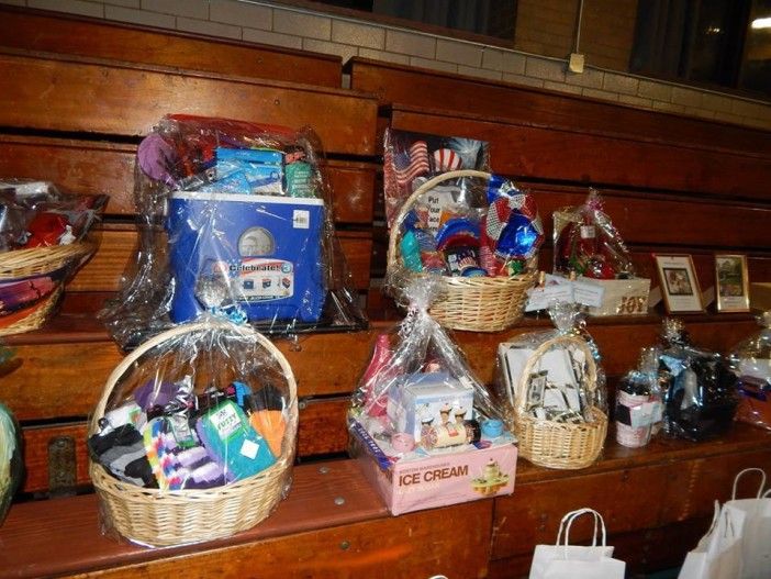 Some of the baskets that were raffled off throughout the evening. Photo by Michael Wright.