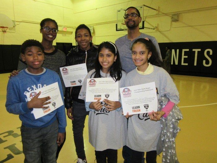 Izyr Hester, Jeremiah Williams, Sauda Ali and Zaniah Lopez posed with their NBA Math Hoops certificates and their Boys And Girls Club teachers Danielle Shaw and Kwame Brandt-Pierce.