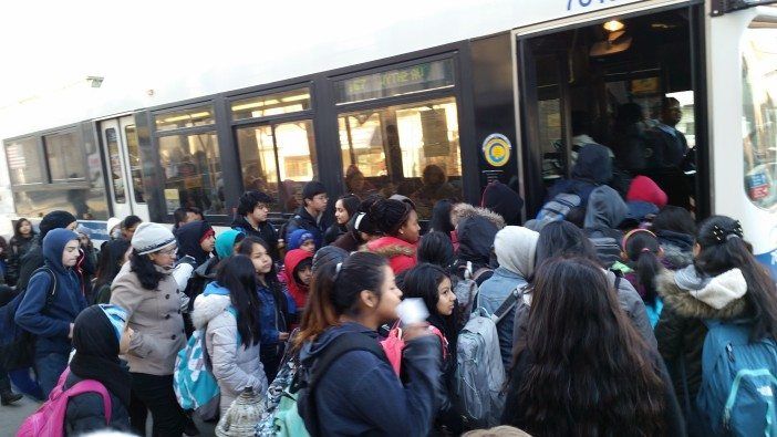 A typical crowd waits to board the B67 bus. Photo courtesy Lauren Elvers Collins.