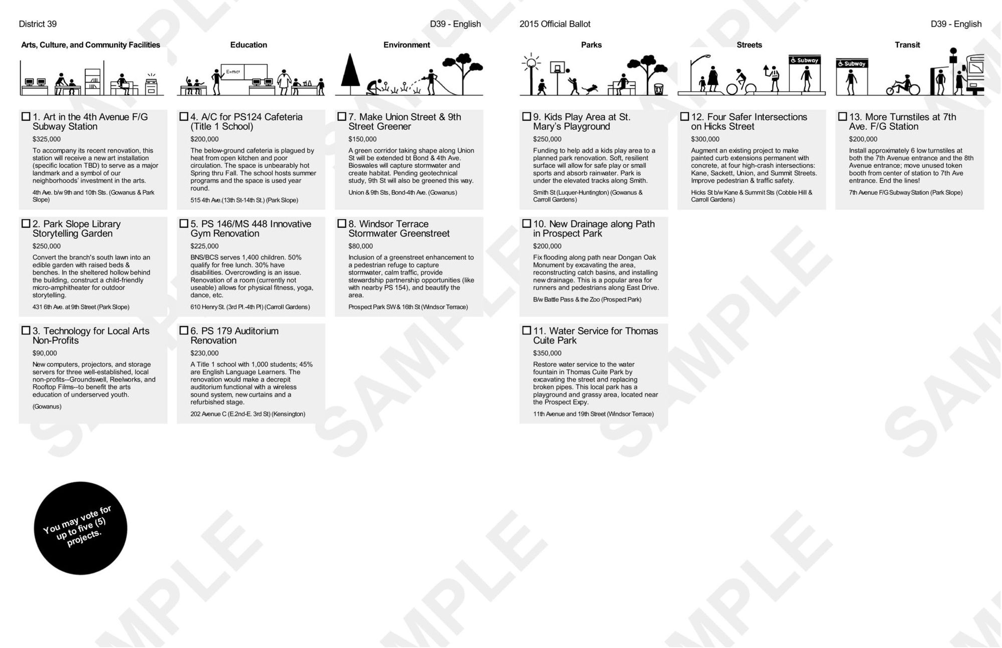 Click for an enlarged version of this year's participatory budgeting ballot. Image via Councilman Brad Lander's office.