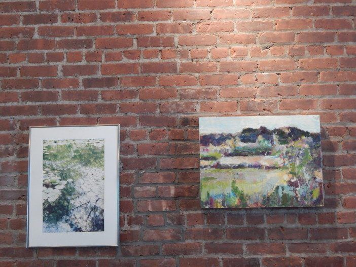 Elaine Mamary's photo of the lily pads at the Brooklyn Botanic Garden, left, and one of Linda Ippolito's paintings, right.