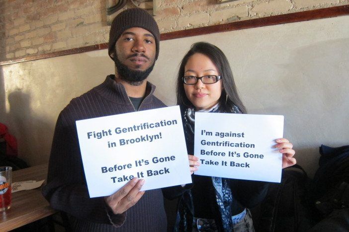 Activists Victor Moses and Cuiyu Wu attend Equality for Flatbush's fundraiser at Bar Chord on Sunday, March 22.