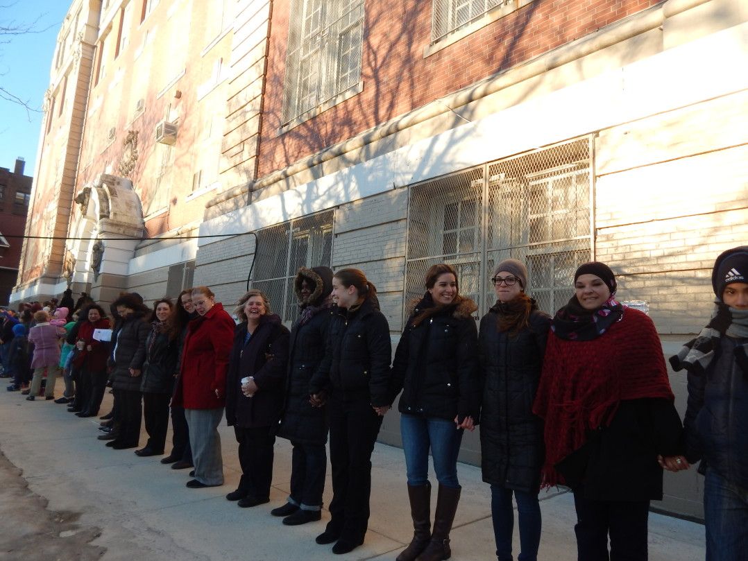 Protesters outside PS 130.