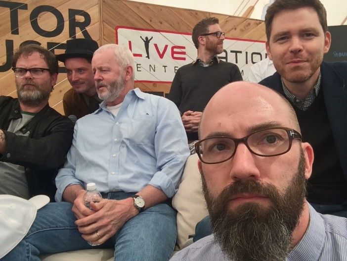 From left to right, Rainn Wilson, Elijah Wood, David Morse, Daniel Noah, Clay McLeod Chapman and Craig Macneill embrace the selfie during a promotional AOL Chat for 'The Boy' at SXSW in Austin, Texas earlier this week. Photo courtesy Clay McLeod Chapman.