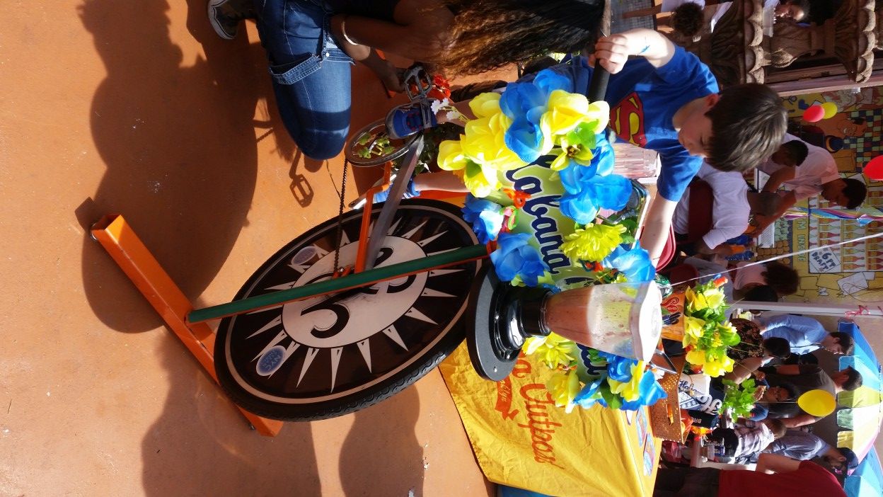 Teo, 6, of Ditmas Park, on the smoothie blending bike powered by human pedal power.