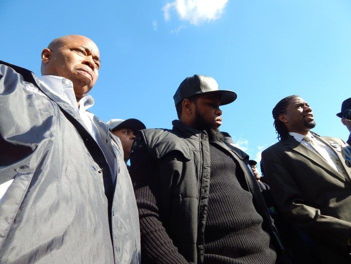 Shanduke McPhatter, executive director of G-MACC, center, joined by Borough President Eric Adams, left, and Councilman Jumaane Williams, right.