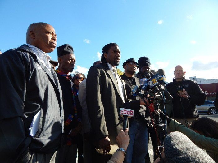 Councilman Jumaane Williams, at microphone, was joined by Borough President Eric Adams, far left, and other community leaders at today's press conference.
